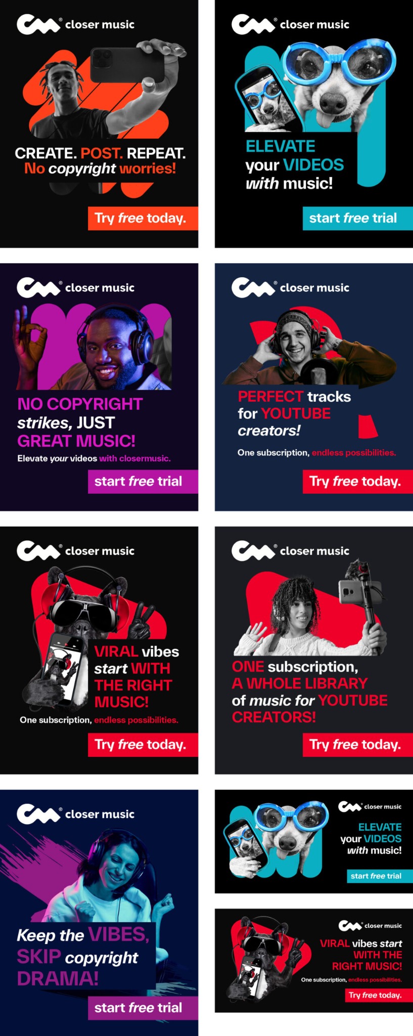 Zestaw reklam graficznych Closer Music z hasłami o muzyce bez praw autorskich dla twórców YouTube, prezentujących osoby i zwierzęta z telefonami i słuchawkami.