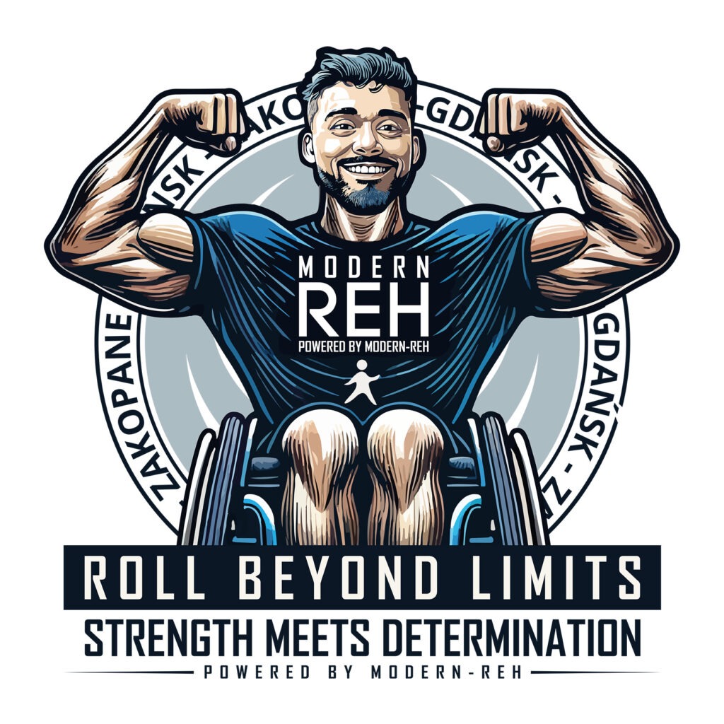 Ilustracja wektorowa: uśmiechnięty mężczyzna na wózku inwalidzkim prezentuje bicepsy, otoczony napisem 'Modern Reh' i hasłem 'Roll Beyond Limits'.