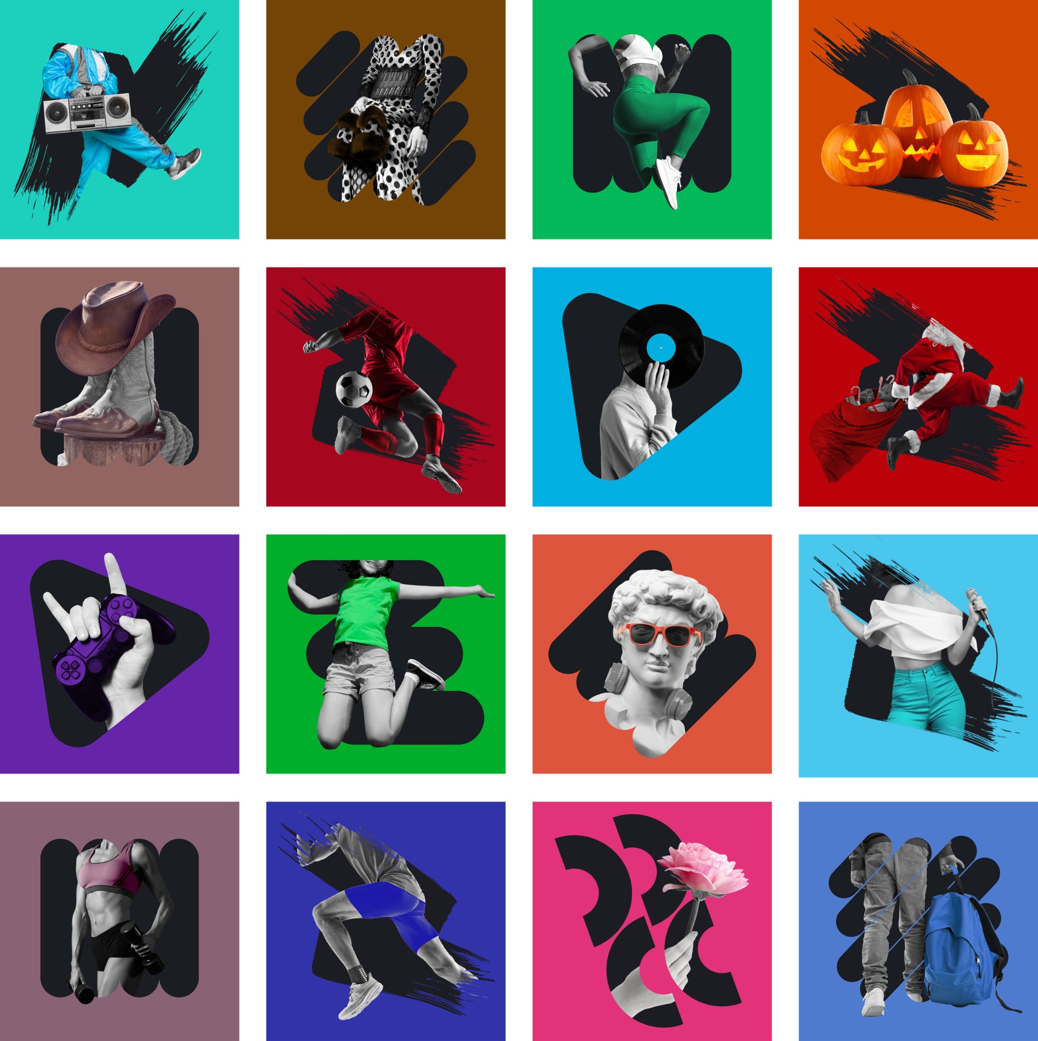 Abstrakcyjna kompozycja złożona z 16 kadrów. Każdy z nich przedstawia inny motyw: postacie, przedmioty, atrybuty, na kolorowych tłach z czarnymi elementami graficznymi.