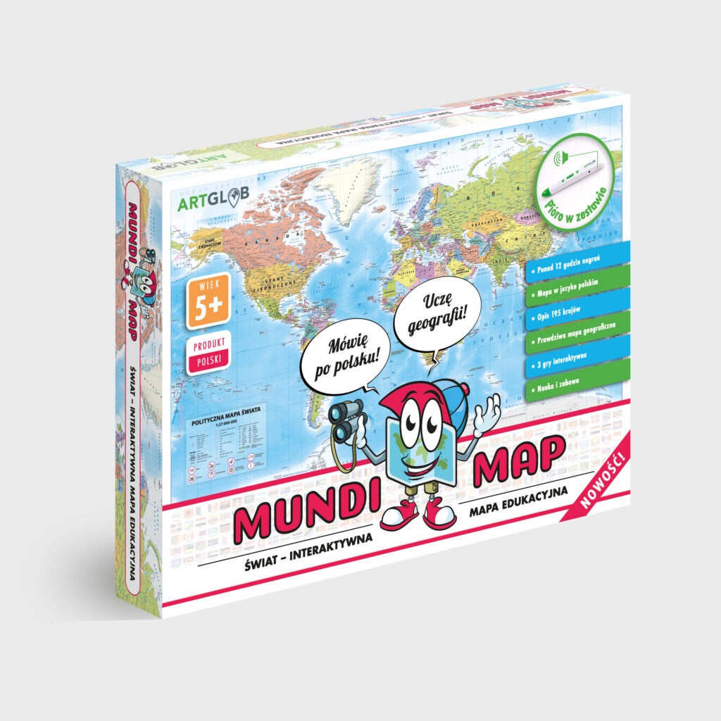 Interaktywna mapa świata Mundi w opakowaniu. Produkt edukacyjny dla dzieci 5+ z mapą polityczną, piórem i hasłem 'Uczę geografii!'.
