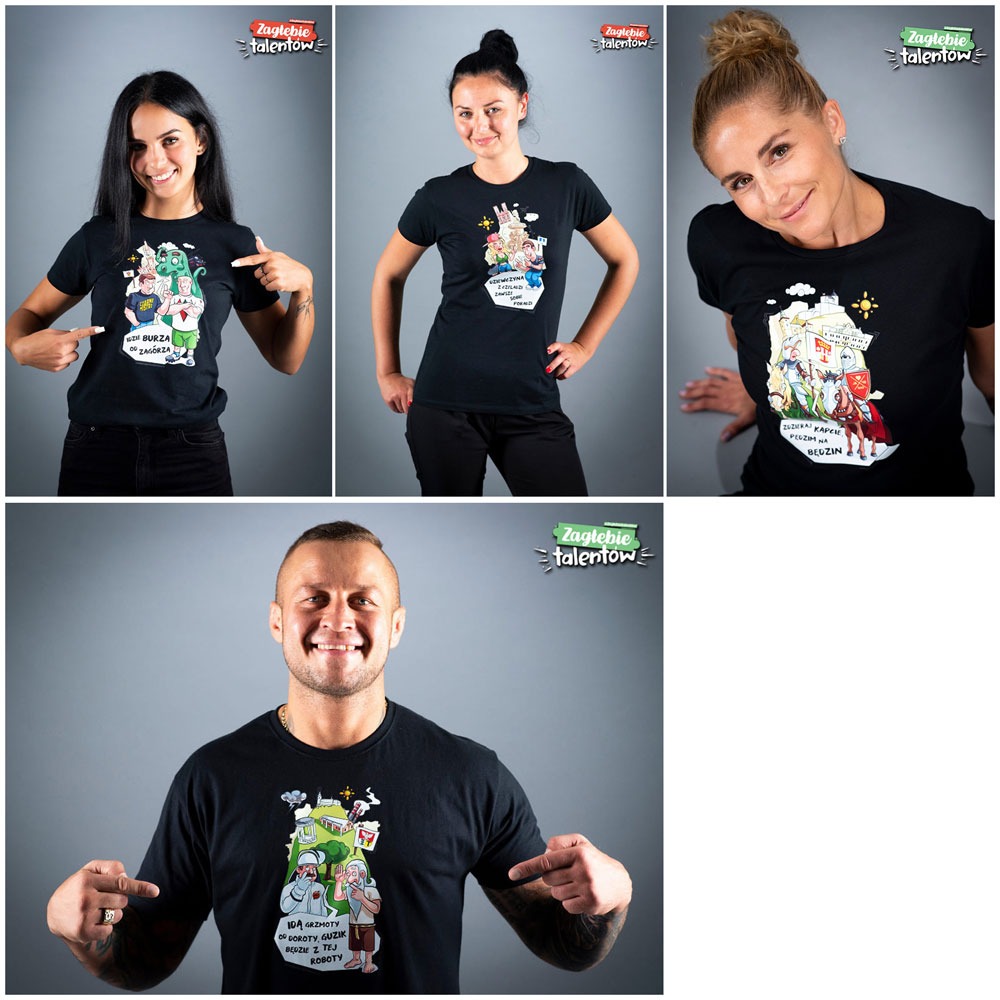 Cztery osoby prezentują czarne koszulki z unikalnymi, kolorowymi grafikami przedstawiającymi lokalne motywy i hasła związane z regionem Zagłębia.