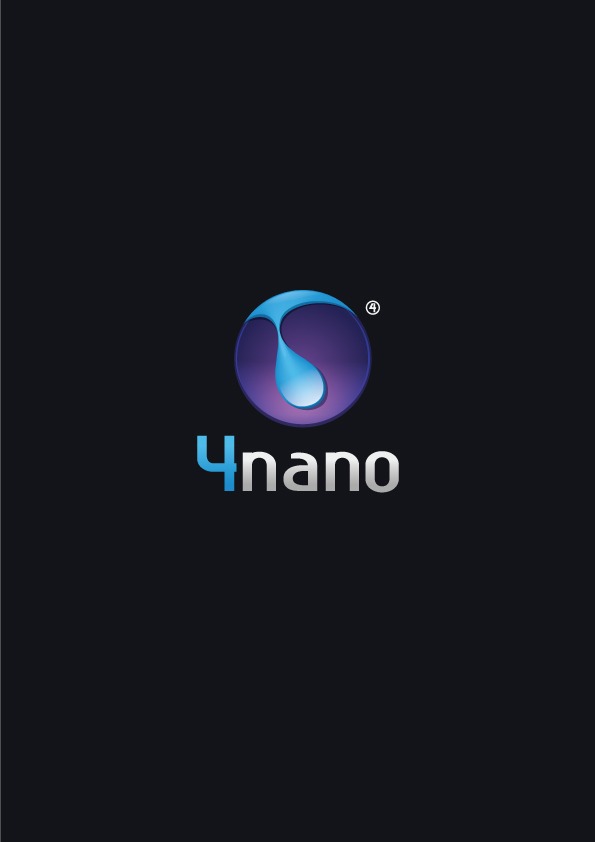 Gradientowe logo '4nano' z symbolem kropli w okręgu na ciemnym tle.