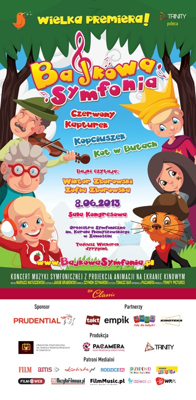Plakat reklamowy wydarzenia kulturalnego 'Bajkowa Symfonia' z postaciami z bajek i informacjami o sponsorach i partnerach.