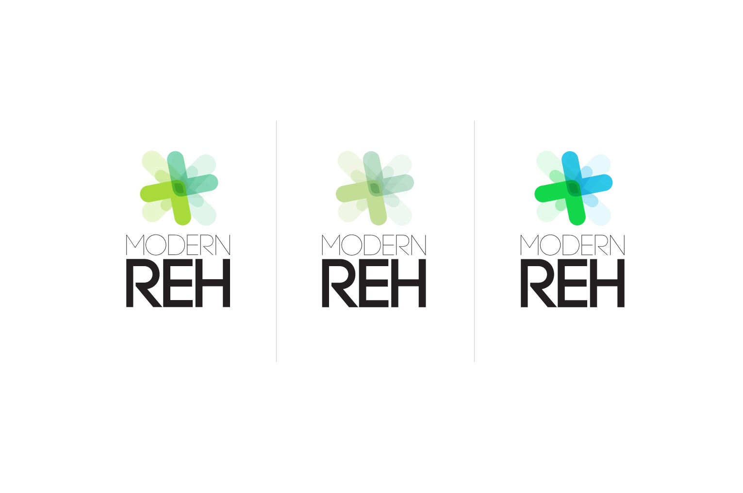 Trzy warianty logo firmy Modern REH z abstrakcyjnym symbolem plusa w odcieniach zieleni i błękitu, umieszczone obok siebie na białym tle.