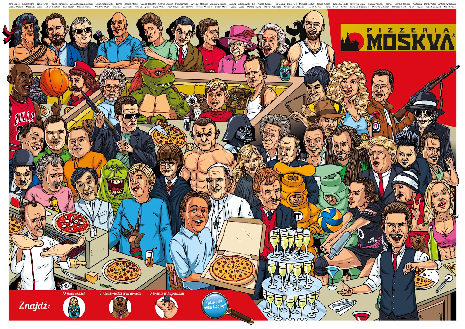 Karykaturalna ilustracja Pizzerii Moskva z tłumem znanych osobistości i stosem kieliszków szampana.