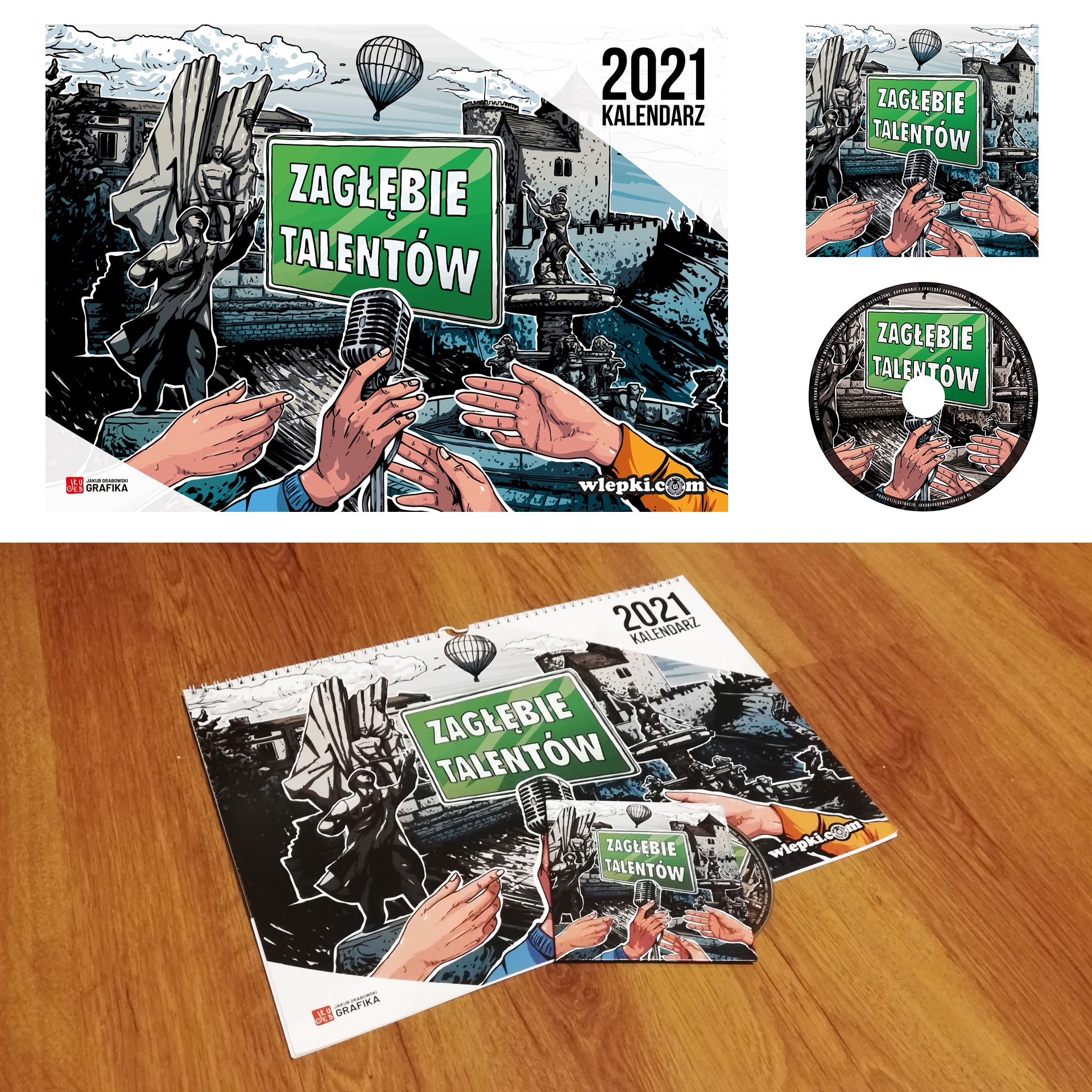 Kalendarz na rok 2021 i płyta CD z grafiką przedstawiającą mikrofon, pomnik i napis 'Zagłębie Talentów', leżące na drewnianym blacie.
