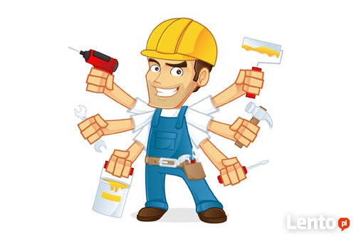 Karykaturalny, uśmiechnięty majsterkowicz w żółtym kasku i niebieskim kombinezonie, posiadający wiele rąk, z których każda trzyma inne narzędzie: wiertarkę, klucz, wałek do malowania, młotek...