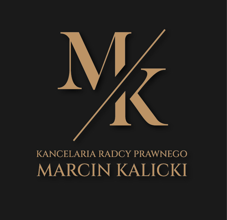 Eleganckie logo kancelarii radcy prawnego Marcin Kalicki z inicjałami MK przeciętymi linią na ciemnym tle. Złote litery i napisy.