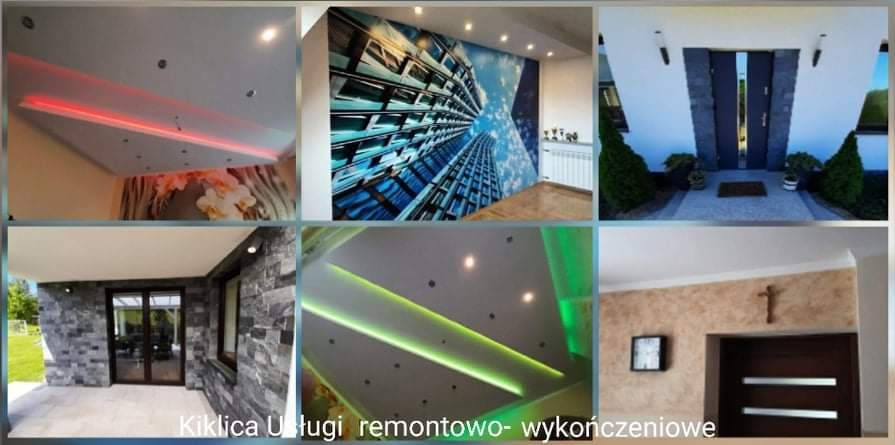 Mozaika zdjęć prezentująca różnorodne realizacje: podświetlane sufity z dekoracyjnym oświetleniem LED w kolorach czerwonym i zielonym, fototapeta z motywem miejskim, elewacja domu z kamienia...