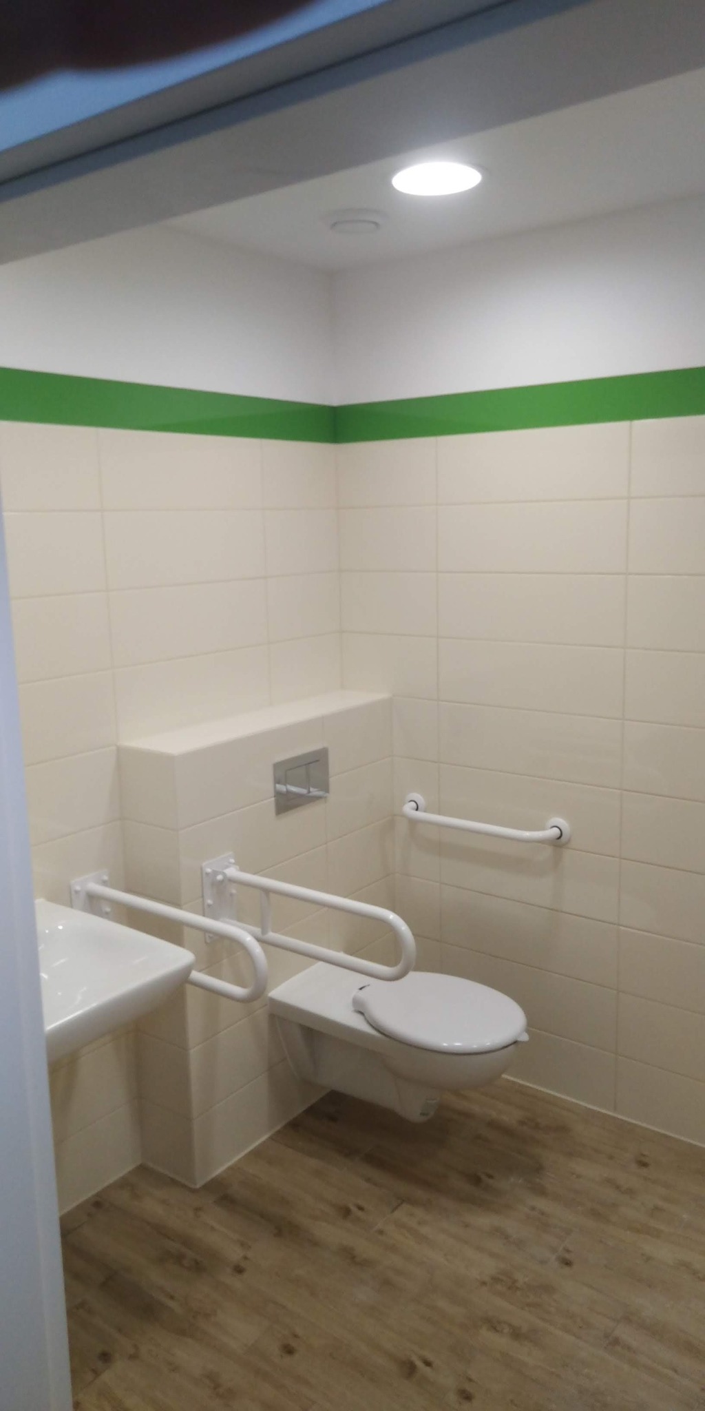 Wykończona łazienka z beżowymi płytkami, zielonym paskiem dekoracyjnym pod sufitem, toaletą podwieszaną z uchwytami dla niepełnosprawnych i umywalką narożną, na podłodze panele imitujące drewno.