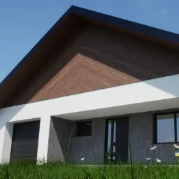 Wizualizacja domu jednorodzinnego z drewnianą elewacją szczytową i garażem, widok z poziomu trawy, z zaparkowanym samochodem osobowym.