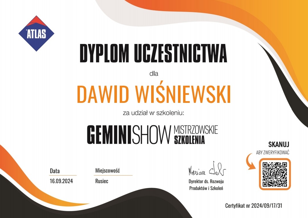 Skan dyplomu uczestnictwa dla Dawida Wiśniewskiego w szkoleniu Geminishow, z datą 16.09.2024, miejscowość Rusiec, podpis dyrektora ds. rozwoju produktów i szkoleń oraz kod QR do weryfikacji...