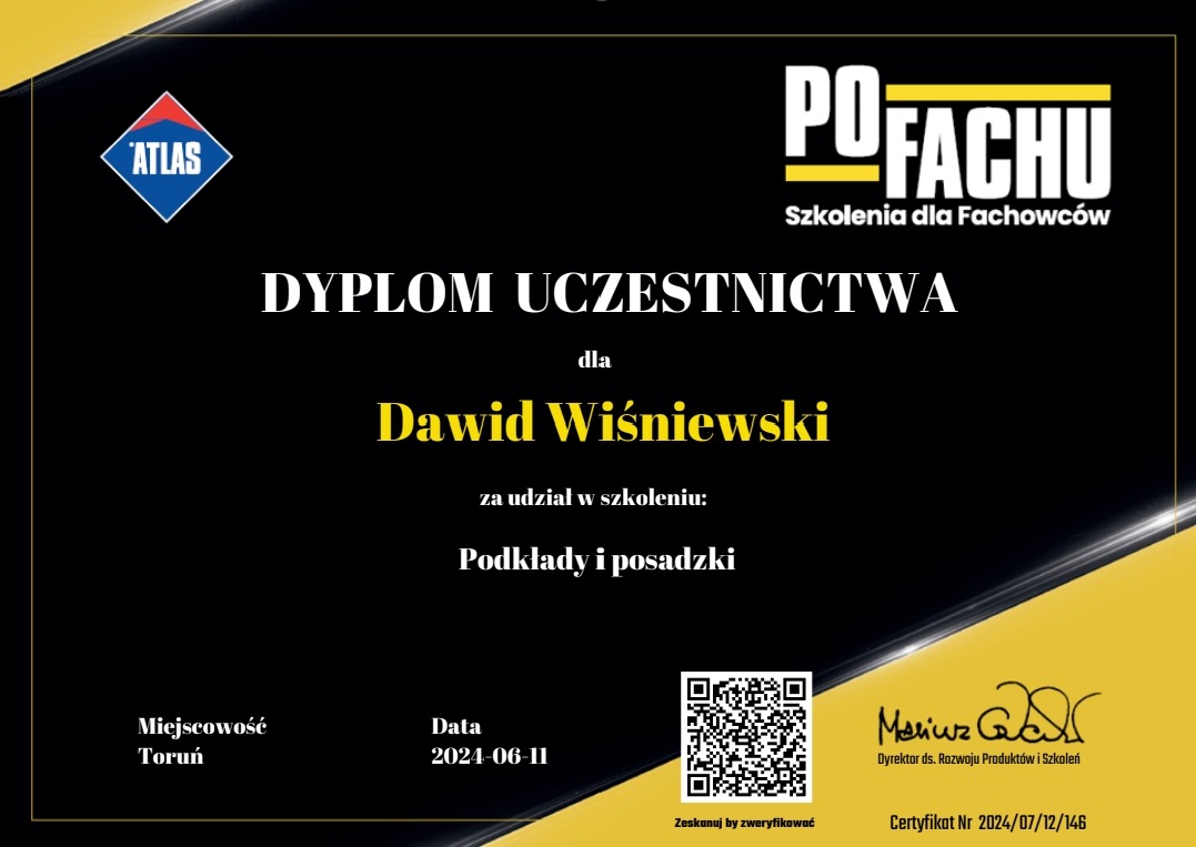 Dyplom uczestnictwa w szkoleniu 'Podkłady i posadzki' dla Dawida Wiśniewskiego, wydany przez POFACHU, z logo ATLAS w lewym górnym rogu i kodem QR do weryfikacji.