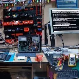 Szeroki kadr warsztatu naprawy komputerów z rozłożonymi laptopami, komputerami stacjonarnymi, narzędziami i częściami zamiennymi, z monitorami wyświetlającymi kody i oprogramowanie diagnostyczne.