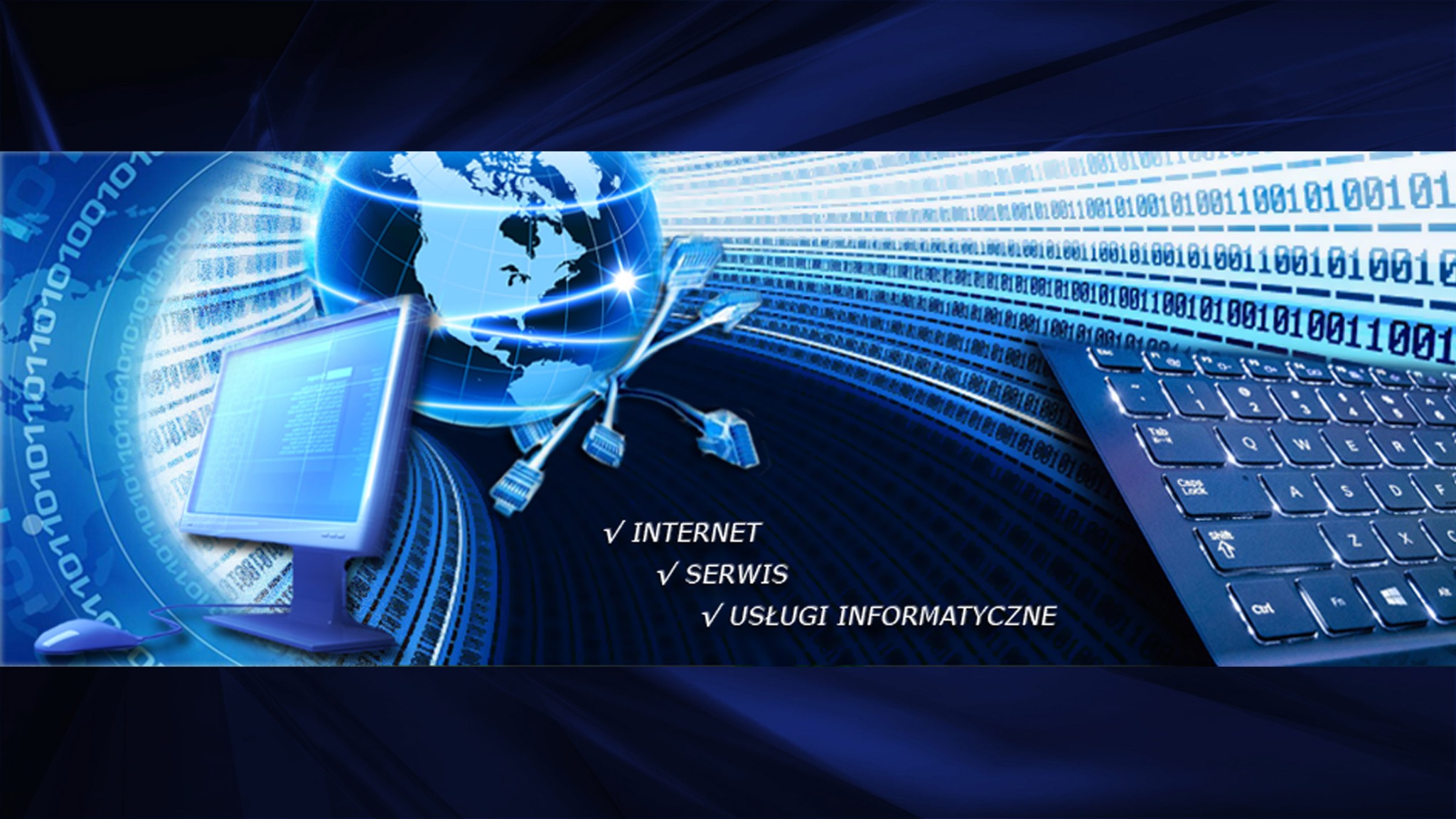 Grafika komputerowa przedstawiająca monitor, mysz, klawiaturę, globus i ciągi binarne w odcieniach niebieskiego, symbolizująca usługi internetowe i informatyczne.