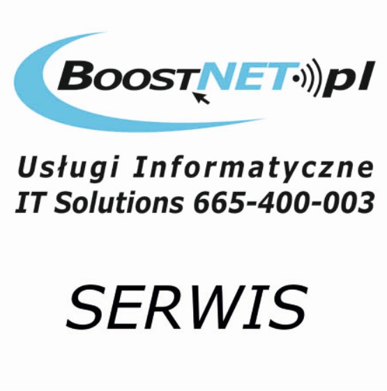Logo firmy BoostNET.pl oferującej usługi informatyczne, z numerem telefonu i napisem SERWIS na białym tle.