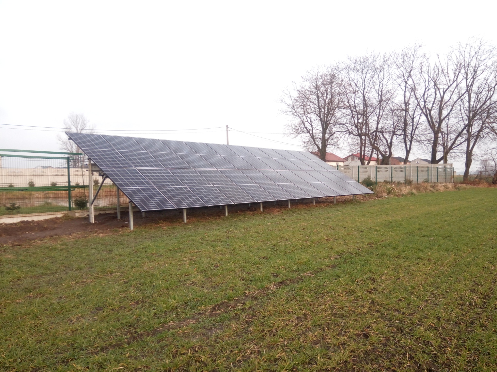 Rząd paneli słonecznych ustawionych na trawiastym polu z widocznymi śladami po instalacji, w tle ogrodzenie i nagie drzewa pod pochmurnym niebem.
