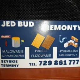 Wizytówka firmy budowlanej JED BUD REMONTY, oferującej malowanie, szpachlowanie, układanie paneli i fliz, hydraulikę i zabudowy G-K; kontaktowy numer telefonu.