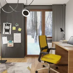 Pokój do pracy z biurkiem, laptopem, żółtym krzesłem, tablicą z notatkami i dekoracyjną mapą świata na ścianie, oświetlony nowoczesnymi lampami.