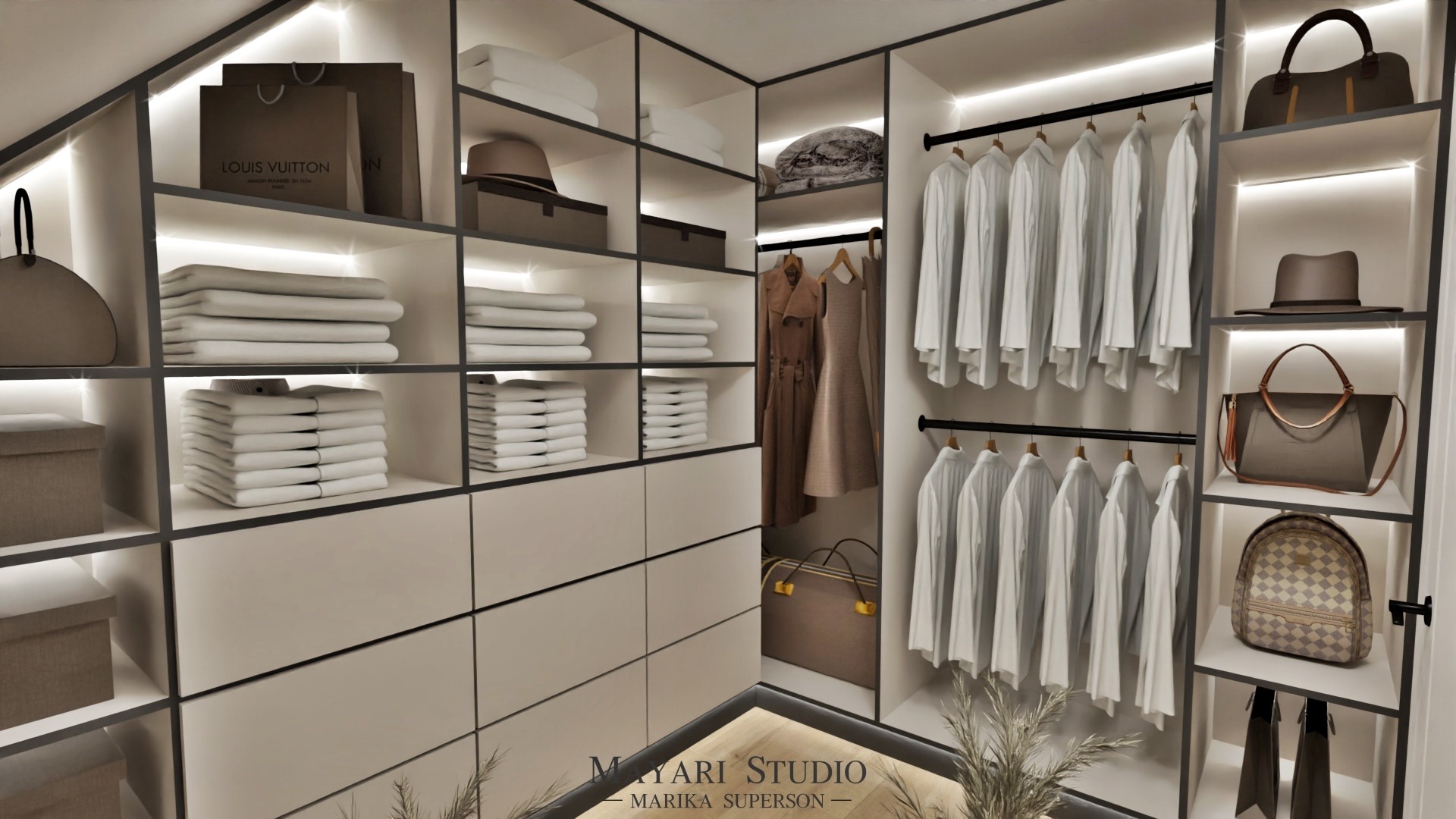 Wnętrze garderoby z podświetlanymi półkami, ubraniami wiszącymi na wieszakach, torebkami i złożonymi tekstyliami w neutralnej kolorystyce.