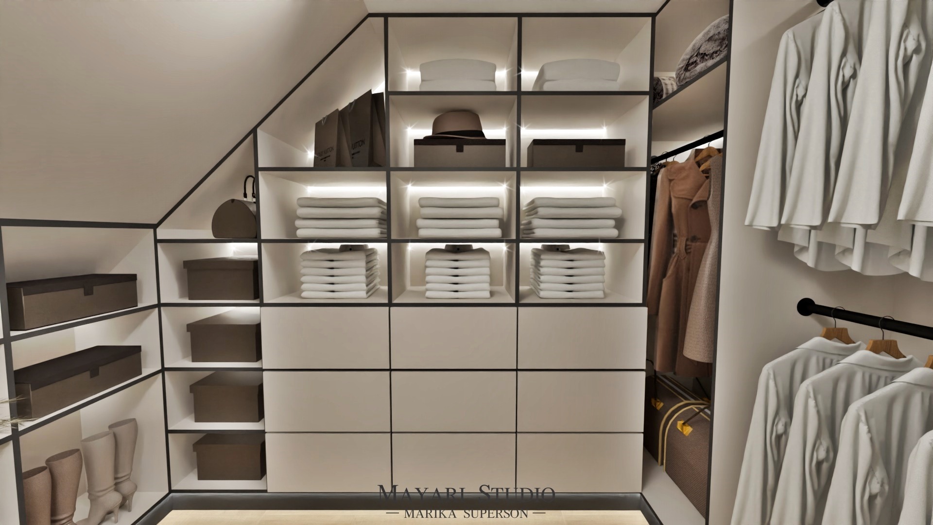 Półki garderoby pod skosem z podświetleniem LED, ubrania na wieszakach, pudełka i poskładane tekstylia.