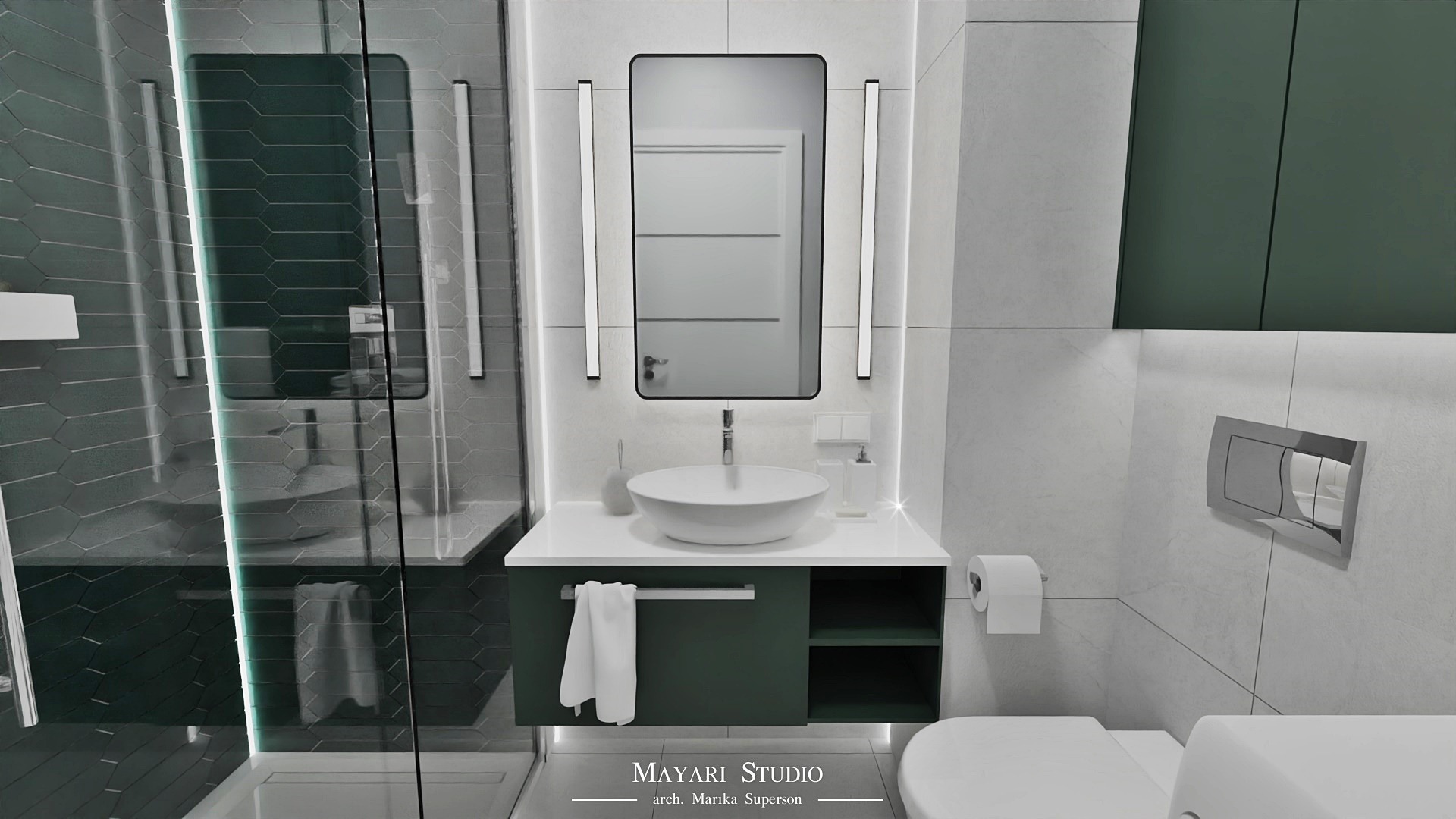 Nowoczesna łazienka w Bydgoszczy z kabiną prysznicową z geometrycznymi płytkami, okrągłą umywalką na blacie z szafką w kolorze butelkowej zieleni i podświetlanym lustrem.