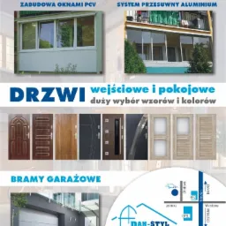 Reklama firmy Dan-Styl ze Szczecina prezentująca zabudowy balkonów, drzwi wejściowe i wewnętrzne oraz bramy garażowe.