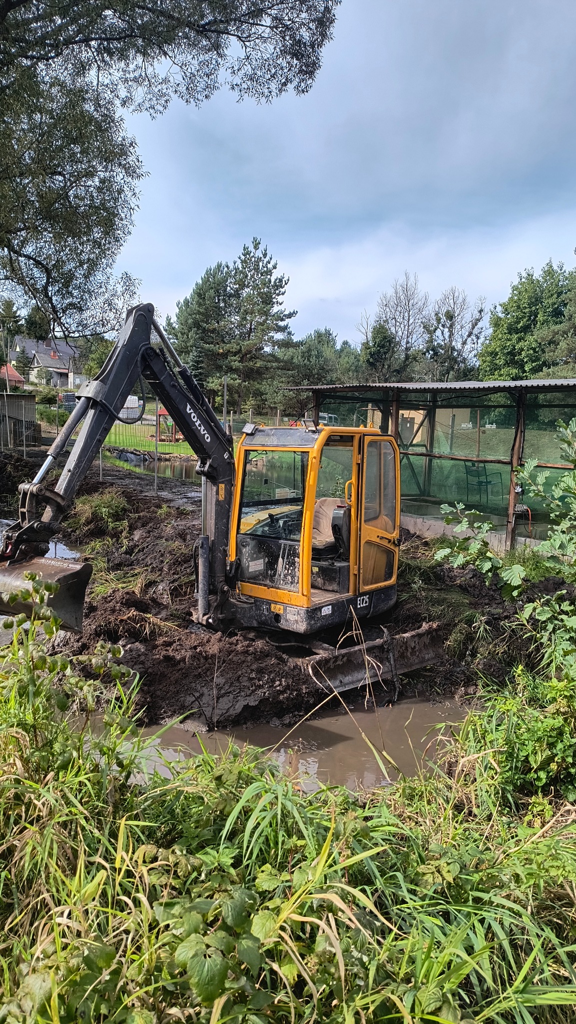 Żółta koparka Volvo EC25 w trakcie prac ziemnych na zarośniętym terenie, widoczne błoto i woda w wykopie.