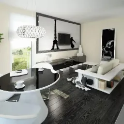 Nowoczesne wnętrze mieszkania z czarnym stołem, białymi krzesłami i dekoracjami, w tle widoczny obraz wieży Eiffla.