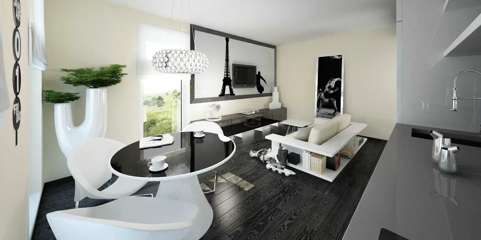 Nowoczesne wnętrze mieszkania z czarnym stołem, białymi krzesłami i dekoracjami, w tle widoczny obraz wieży Eiffla.