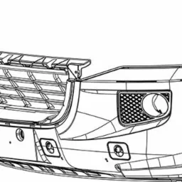 Techniczny rysunek CAD z siatki przedstawiający przedni zderzak samochodu z grillem, reflektorami przeciwmgielnymi i otworami montażowymi.