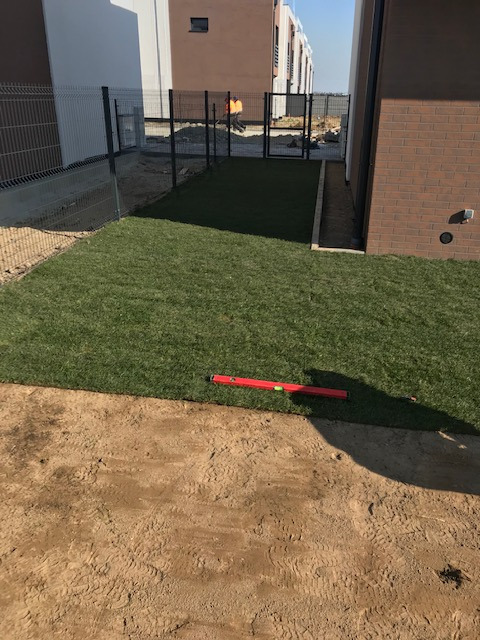 Fragment ogrodu z ułożoną zieloną powierzchnią przypominającą trawnik, obok przygotowany teren z widocznymi śladami opon i poziomicą, w tle zabudowa szeregowa i ogrodzenie.