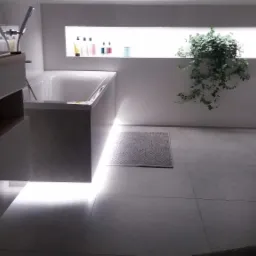 Nowoczesna łazienka w odcieniach szarości z podświetlaną wanną, roślinami doniczkowymi i minimalistycznym wyposażeniem.