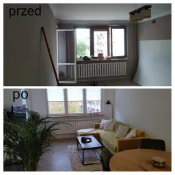 Porównanie stanu mieszkania przed i po remoncie: widok na pokój z oknem, etap surowy z grzejnikiem i płytami karton-gips oraz wykończony z nową podłogą, meblami i dekoracjami