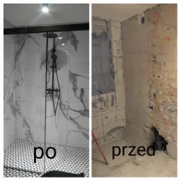 Porównanie stanu łazienki przed i po remoncie: po lewej kabina prysznicowa z czarną armaturą i marmurowymi płytkami, po prawej surowe ściany z odsłoniętą cegłą i niedokończonym tynkiem.