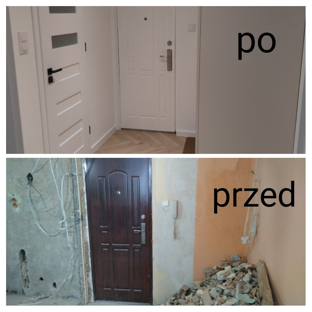 Porównanie przed i po: Nowe, białe drzwi wejściowe i podłoga z jasnego parkietu w jodełkę zastępują starą, ciemną stolarkę i surowe ściany.