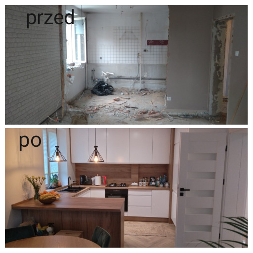 Porównanie stanu kuchni przed remontem: zdemontowane płytki, gruz na podłodze, i po remoncie: białe szafki, drewniany blat, nowoczesne oświetlenie, ułożona podłoga.