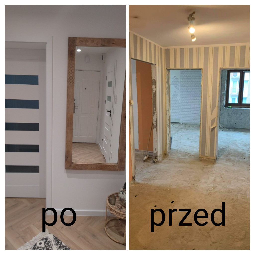 Porównanie stanu mieszkania przed i po remoncie: po lewej odnowione wnętrze z parkietem w jodełkę, białą ścianą i lustrem w drewnianej ramie, po prawej surowy stan z tapetą w paski i odsłoniętą...