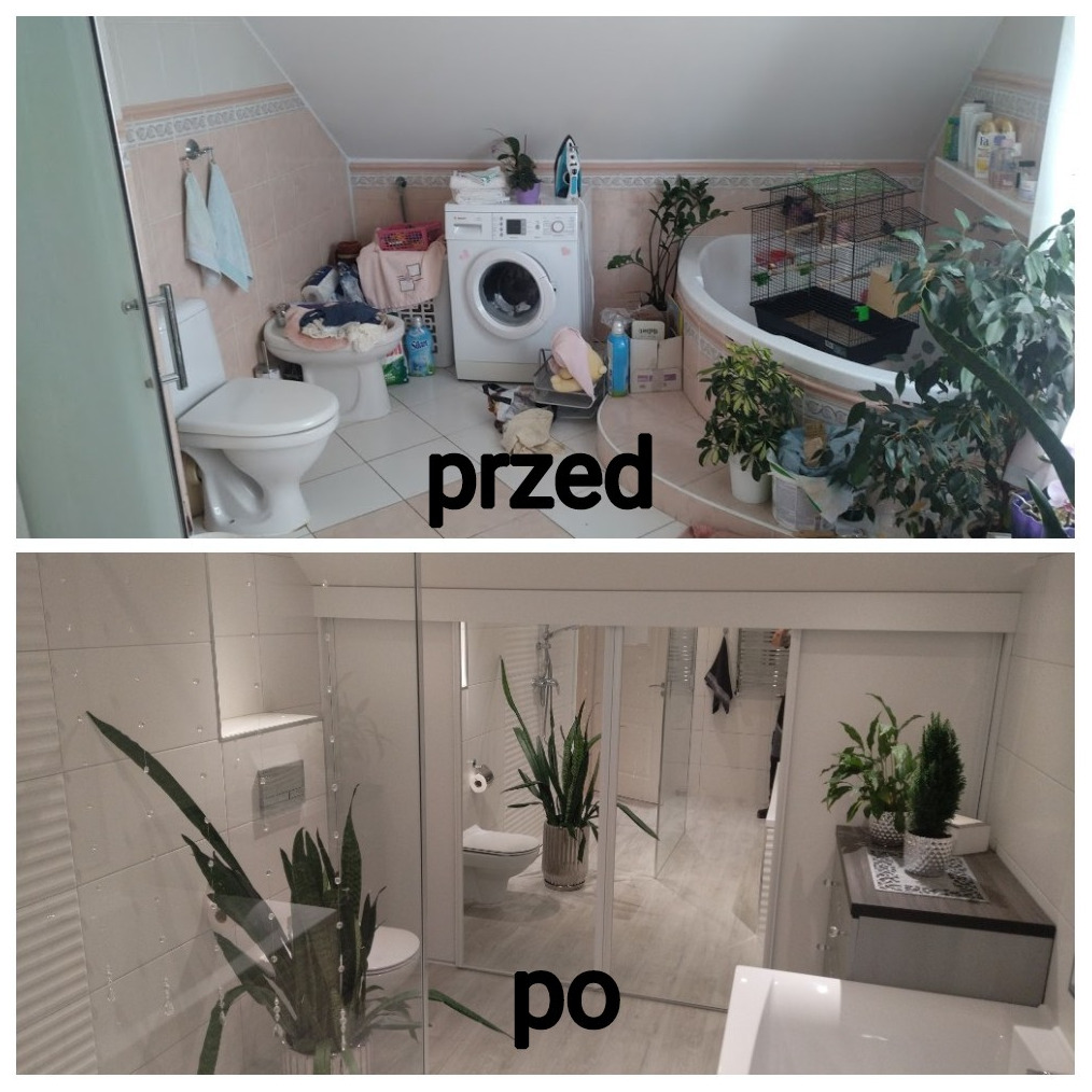 Porównanie łazienki przed remontem: zagracona przestrzeń z pralką, toaletą i roślinami, oraz po remoncie: minimalistyczna, jasna łazienka z kabiną prysznicową, roślinami w doniczkach i lustrami.
