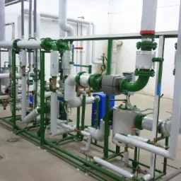 Złożona instalacja rurowa z licznymi zaworami, manometrami i elementami izolacyjnymi, osadzona na zielonej, metalowej ramie w pomieszczeniu technicznym.