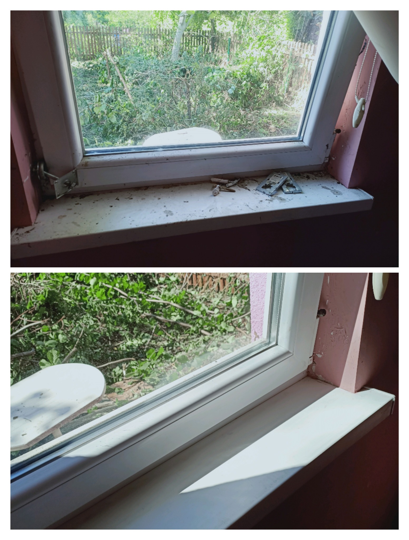 Dwa ujęcia okna: górne - brudny parapet z resztkami po remoncie, dolne - czysty parapet po czyszczeniu, widok na zarośnięty ogród.