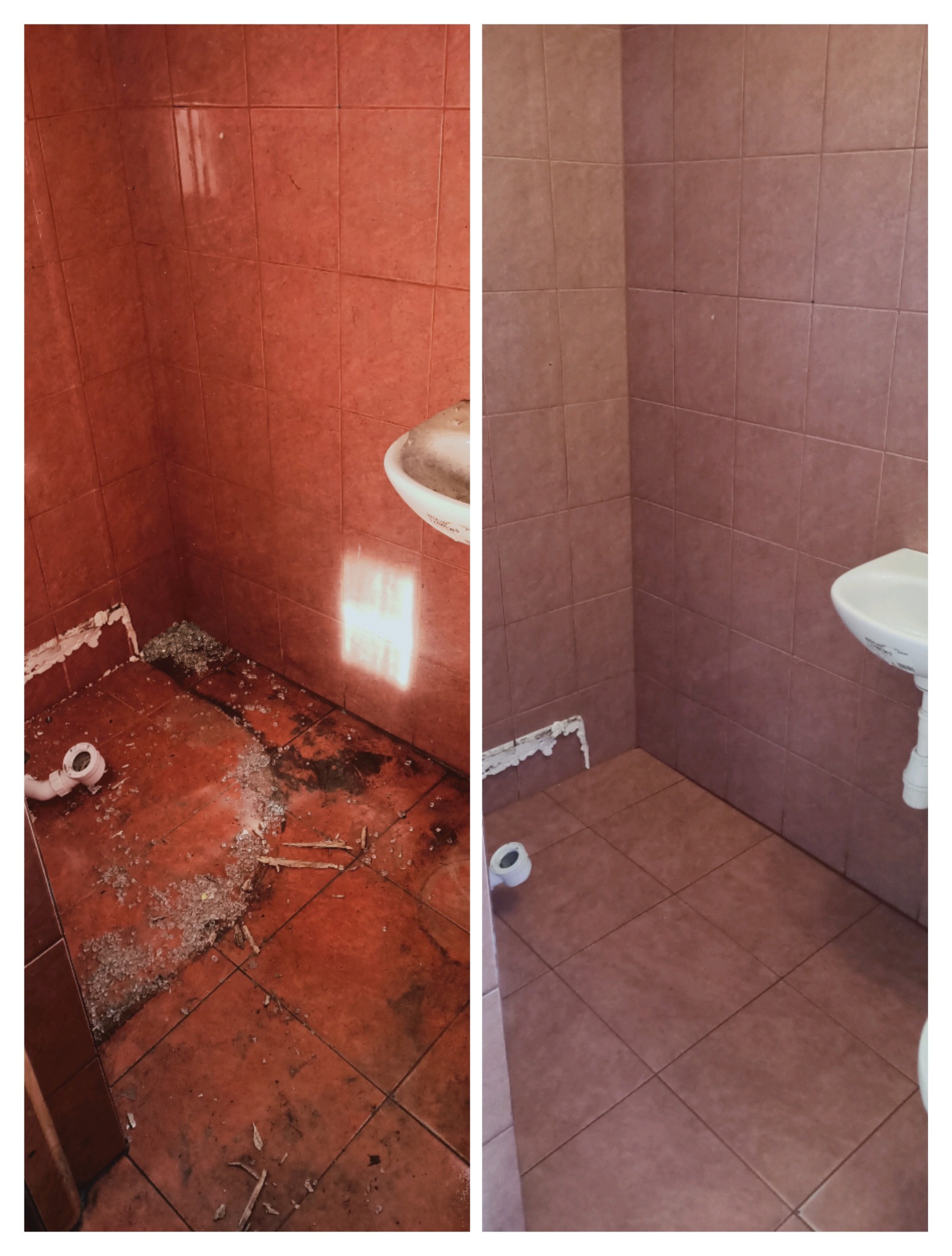 Porównanie stanu łazienki przed i po: po lewej stronie brudna podłoga z resztkami gruzu i odpadów budowlanych, po prawej czysta, umyta podłoga z terakoty w odcieniach brązu, widoczna umywalka.