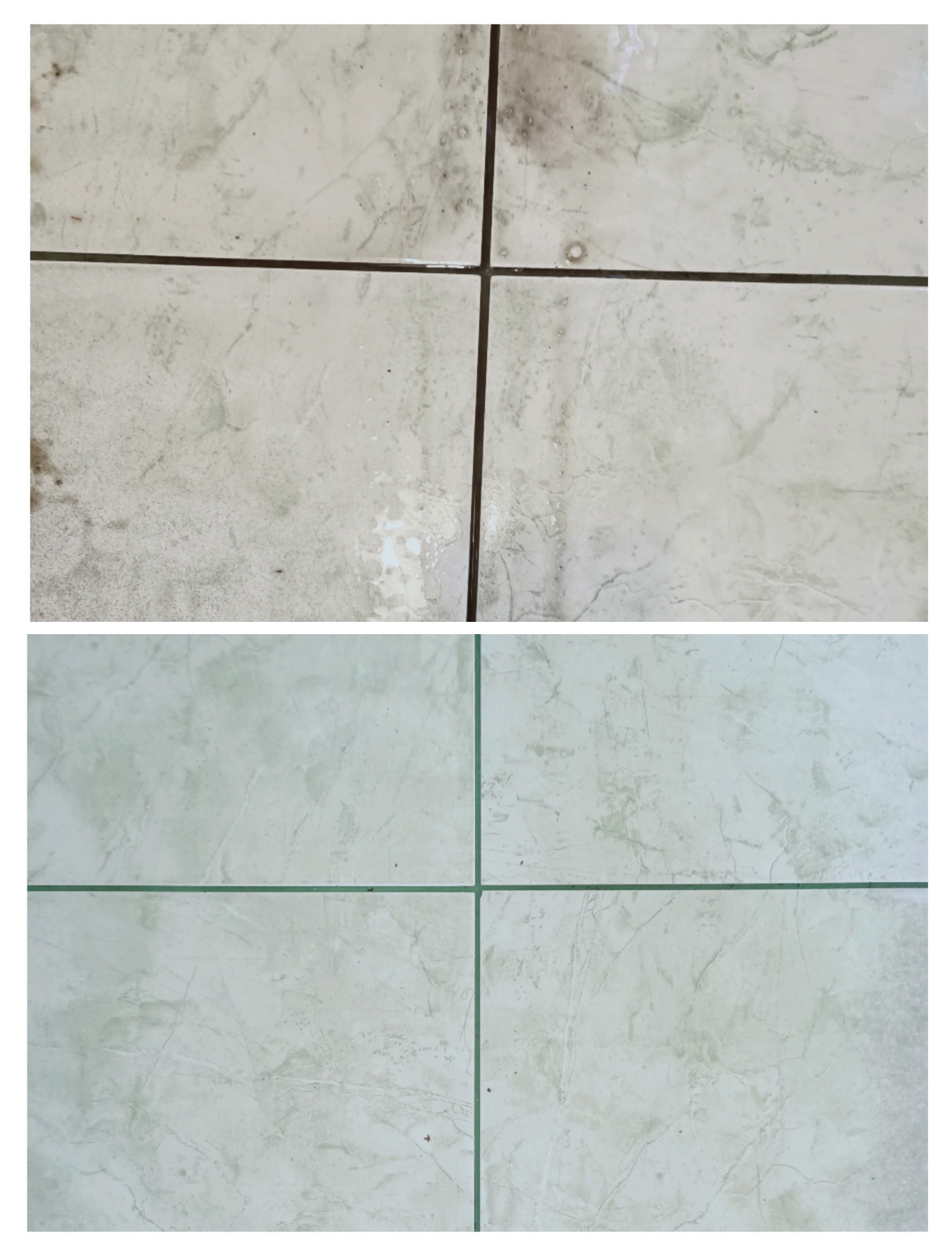 Porównanie płytek podłogowych przed i po czyszczeniu, ukazujące wyraźną różnicę w wyglądzie i usunięciu zabrudzeń, z widocznymi fugami.