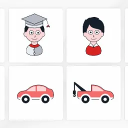 Zestaw ośmiu ikon w stylu flat design przedstawiających: chłopca z balonem, absolwenta w birecie, chłopca w koszuli, plażę z parasolem, serce z dwoma ptaszkami, samoch&oacute;d osobowy, holownik i dom.