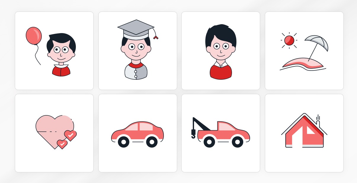 Zestaw ośmiu ikon w stylu flat design przedstawiających: chłopca z balonem, absolwenta w birecie, chłopca w koszuli, plażę z parasolem, serce z dwoma ptaszkami, samochód osobowy, holownik i dom.