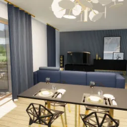 Nowoczesne wnętrze salonu z jadalnią, widok na taras z rattanowym fotelem, minimalistyczny stół z nakryciem dla dwóch osób, niebieska sofa i designerska lampa sufitowa.