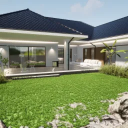 Wizualizacja parterowego domu z zadaszonym tarasem i ogrodem, widok z perspektywy trawnika z dekoracyjnymi kamieniami.