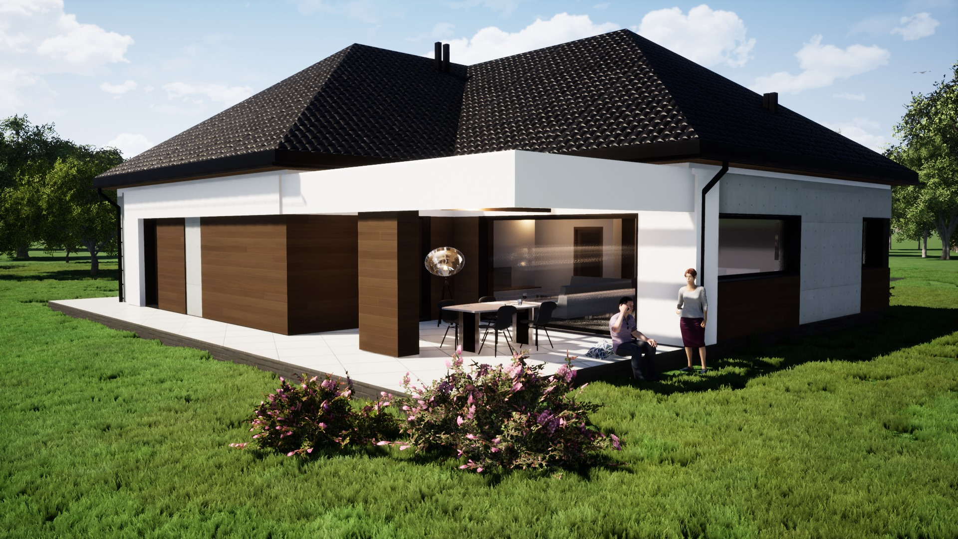 Wizualizacja parterowego domu z płaskim dachem, drewnianą elewacją i dużymi przeszkleniami, z dwiema osobami siedzącymi na tarasie.