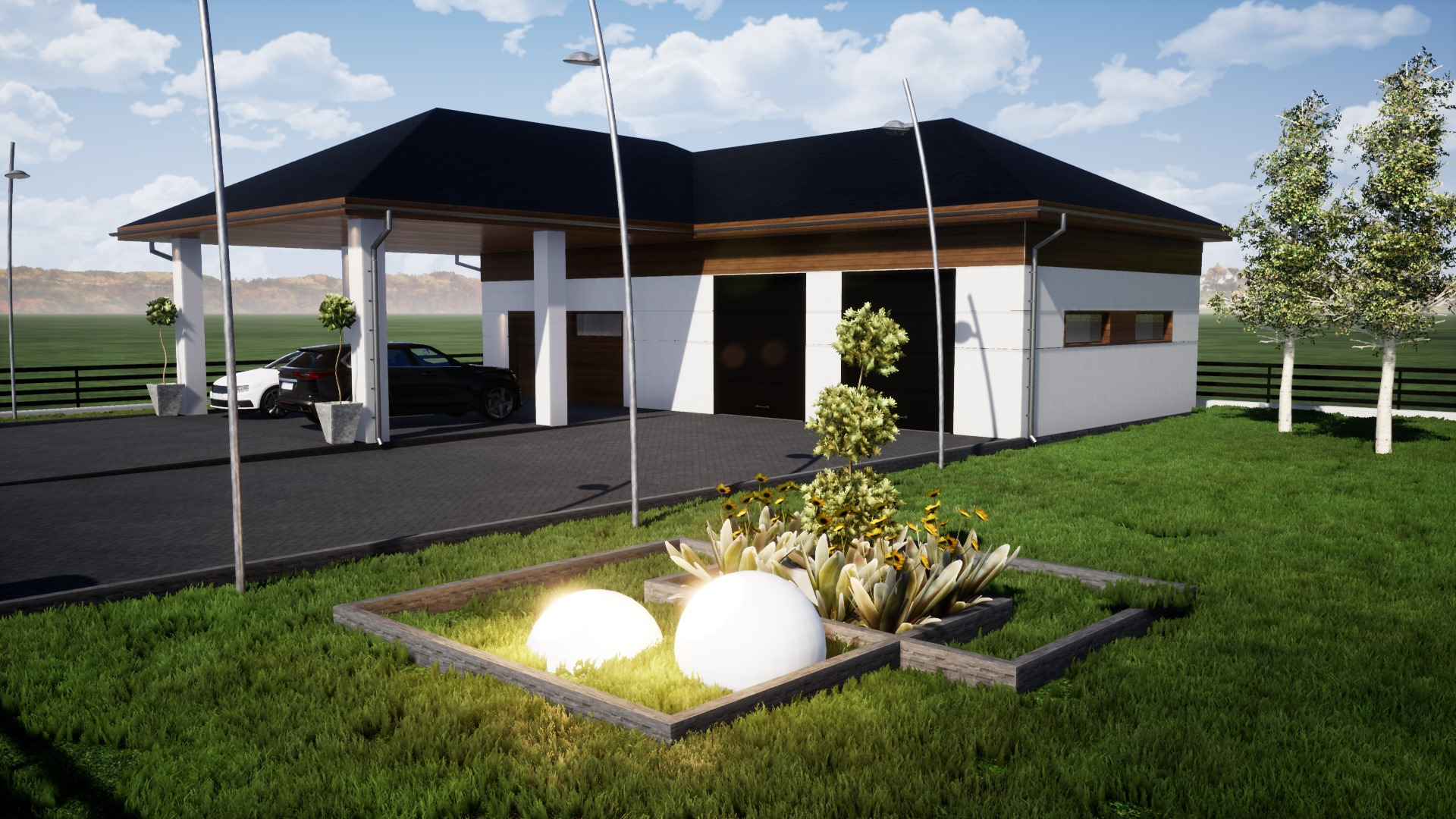 Wizualizacja domu jednorodzinnego z podjazdem, dwoma samochodami, oświetlonym ogrodem i czarnym dachem.