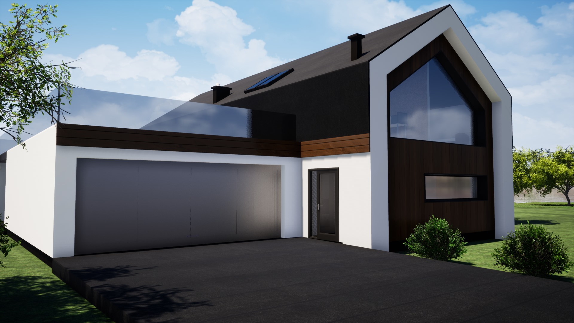 Wizualizacja nowoczesnego domu jednorodzinnego z garażem i dużym oknem w Daleszycach, z czarnym dachem i elewacją w kolorach bieli i ciemnego brązu, projekt MHouse-6.